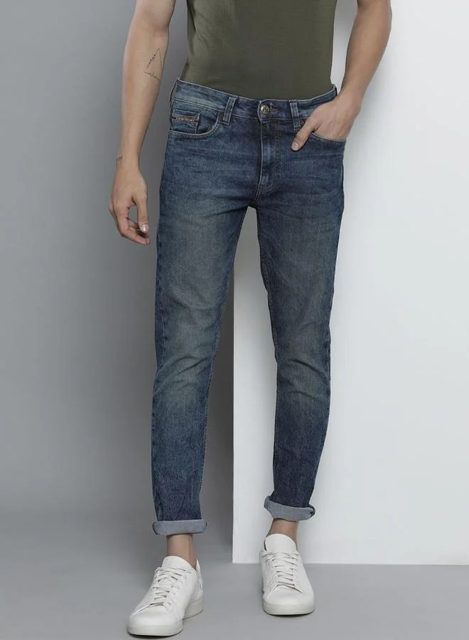 The Indian Garage Co The Indian Garage Co Men Dark Blue Slim Fit Faded Jeans