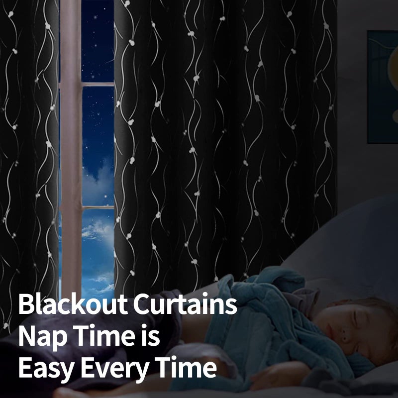 BGment الستائر Black Blackout Blackout 84 بوصة الطول 2 لوحات مجموعة جروميت الغرفة المعزولة الحرارية الستائر نافذة النافذة مع خط الموجة ونقاط مطبوعة لغرفة النوم 42 × 84 بوصة أسود - Image 4