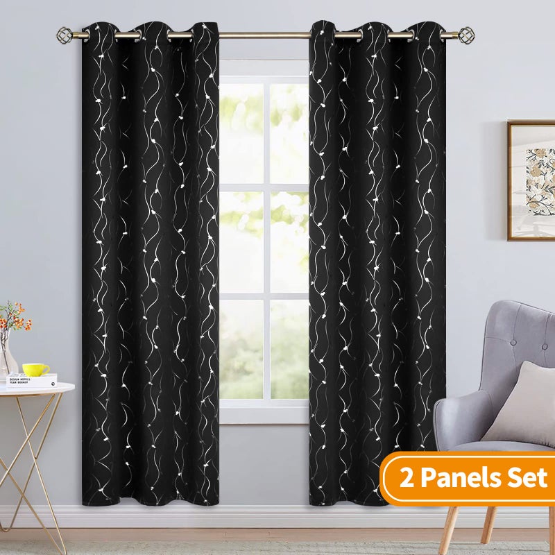 BGment الستائر Black Blackout Blackout 84 بوصة الطول 2 لوحات مجموعة جروميت الغرفة المعزولة الحرارية الستائر نافذة النافذة مع خط الموجة ونقاط مطبوعة لغرفة النوم 42 × 84 بوصة أسود - Image 2