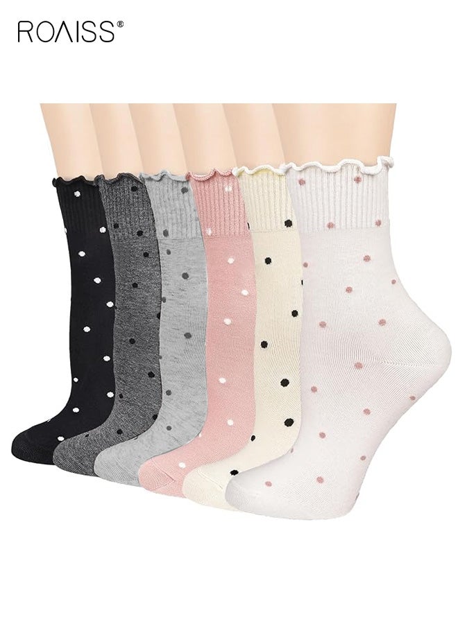 رويس مجموعة جوارب نسائية مكشكشة مكونة من 6 أزواج من جوارب الكاحل القطنية القابلة للتنفس مع حواف منقطة، جوارب منخفضة القطع قابلة للتنفس للنساء، جوارب دائرية لطيفة كاجوال للأحذية المسطحة - Image 1