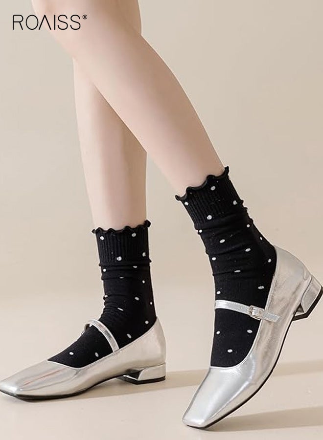 رويس مجموعة جوارب نسائية مكشكشة مكونة من 6 أزواج من جوارب الكاحل القطنية القابلة للتنفس مع حواف منقطة، جوارب منخفضة القطع قابلة للتنفس للنساء، جوارب دائرية لطيفة كاجوال للأحذية المسطحة - Image 4