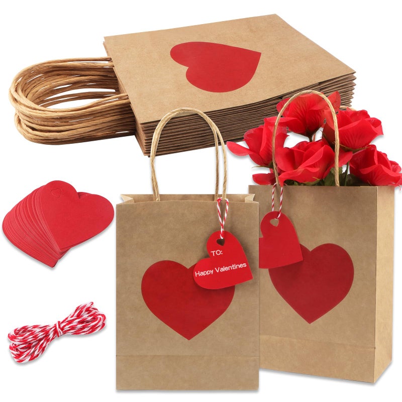 Jangostor 12 Pack Valentines Day Gift Bags with Tags Valentines Kraft Paper Bags Valentines Candy Bags with Handles Heart Love Party Favor Bags for Valentine's Day Wedding Anniversary Birthday Party - Image 1