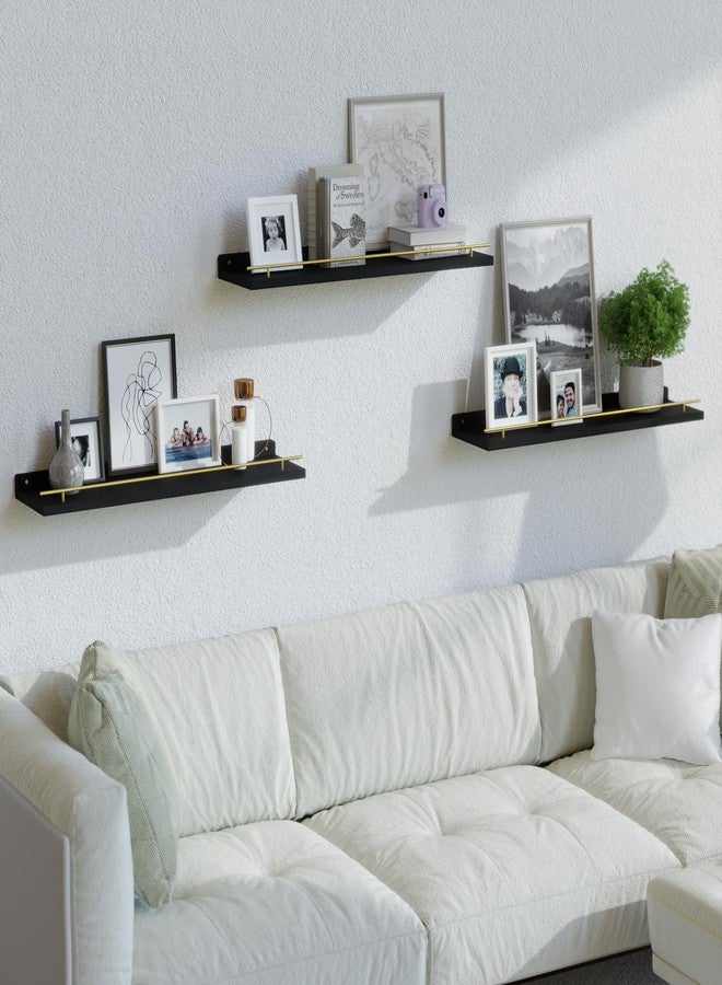 WOPITUES Floating Shelves 24 inch with Gold Metal Guardrail, Shelves for Wall Decor Set of 3, Wall Shelves for Bedroom, Bathroom, Kitchen, Living Room, Plants, Picture Frames, Art- Black and Gold - Image 5