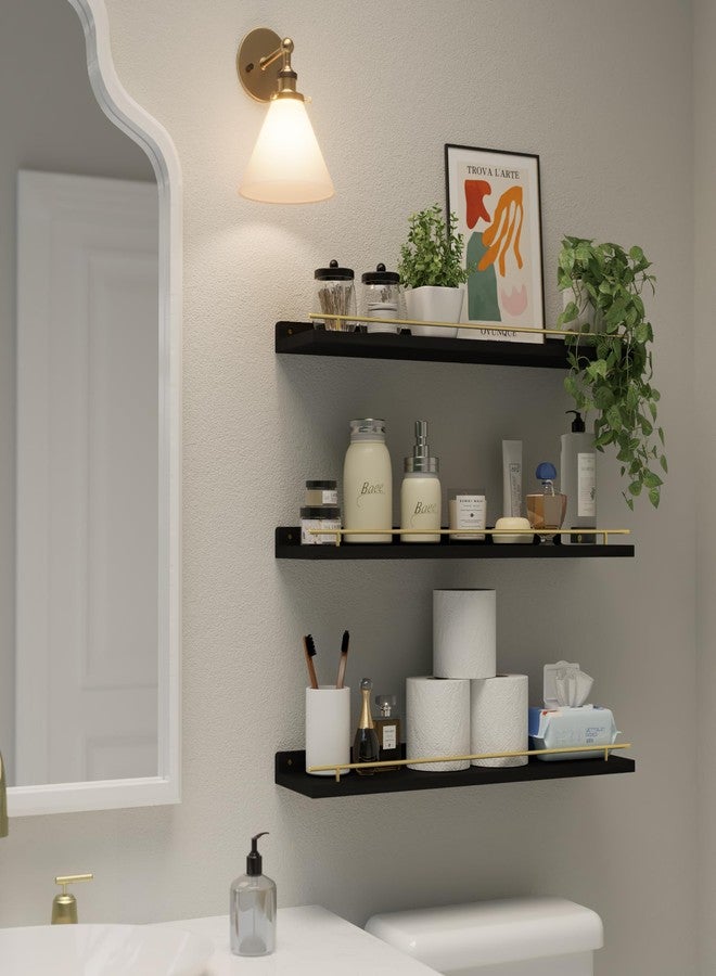WOPITUES Floating Shelves 24 inch with Gold Metal Guardrail, Shelves for Wall Decor Set of 3, Wall Shelves for Bedroom, Bathroom, Kitchen, Living Room, Plants, Picture Frames, Art- Black and Gold - Image 4