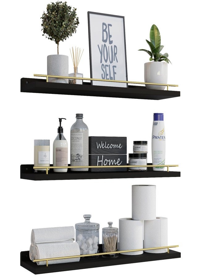 WOPITUES Floating Shelves 24 inch with Gold Metal Guardrail, Shelves for Wall Decor Set of 3, Wall Shelves for Bedroom, Bathroom, Kitchen, Living Room, Plants, Picture Frames, Art- Black and Gold - Image 1