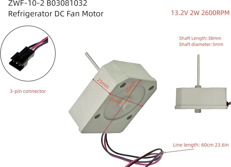 IXGPUTS ZWF-10-2 B03081032 Replacement DC Motor Fan,DC13.2V 2W Evaporator Fan Motor Blower Motor Compatible with MeiLing&Ronshen Double Door Refrigerator 2 Year Warranty - Image 2