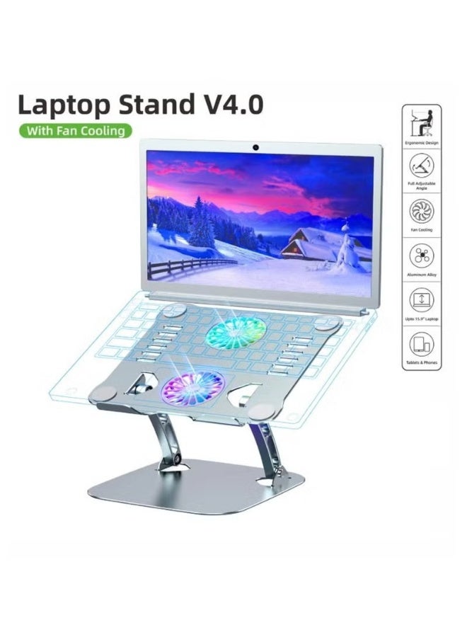 YJS Laptop Stand V4.0 with Built-In Cooling Fans – 180° Double Axis Adjustable Aluminum Notebook Riser for 11" to 17.3" Laptops – Ergonomic, Foldable, and Anti-Slip Design with Superior Heat Dissipation – Durable and Stylish Silver Stand for Desk, Office, Home, and Study Use - Image 2