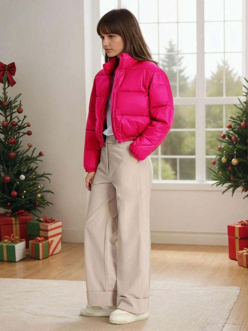 KOTTY Women's Solid Long Sleeve Hot pink Zipper Puffer Jacket (Pink,L)-KTTFKPUFFERJACKET144L - Image 4