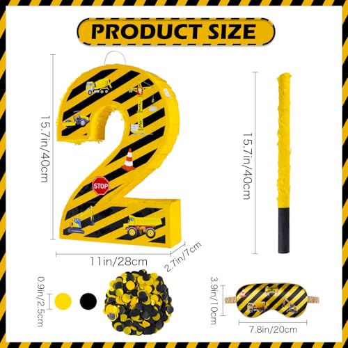 Lcoor Construction Birthday Decorations Construction Number 2 Pinata with Stick Blindfold and Confetti Yellow and Black Striped Construction 2nd Birthday Party Decoration Supplies Construction 2 - Image 5