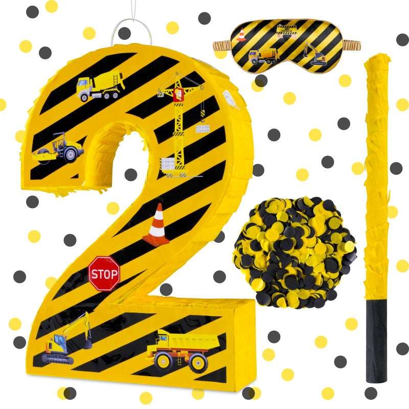 Lcoor Construction Birthday Decorations Construction Number 2 Pinata with Stick Blindfold and Confetti Yellow and Black Striped Construction 2nd Birthday Party Decoration Supplies Construction 2 - Image 3