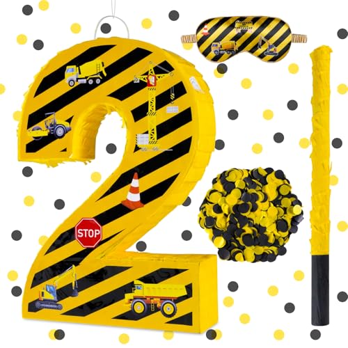 Lcoor Construction Birthday Decorations Construction Number 2 Pinata with Stick Blindfold and Confetti Yellow and Black Striped Construction 2nd Birthday Party Decoration Supplies Construction 2 - Image 1