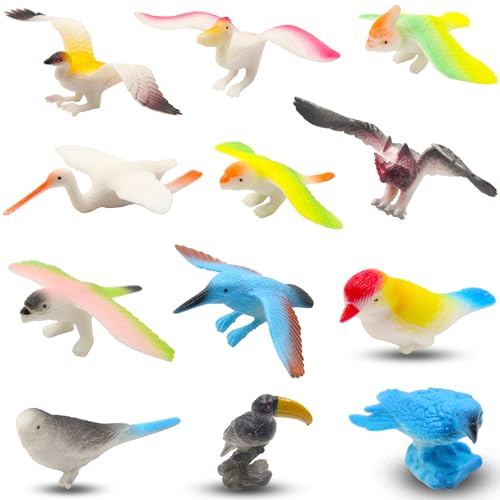 PINOWU Birds Figurines 12pcs Realistic Eagle Parrot Toucan Pigeon Owl Toy Birds Learning Educational Toys for Dollhouse Birthday Cake Topper Gift for Kids Toddler wStorage Bag - Image 1