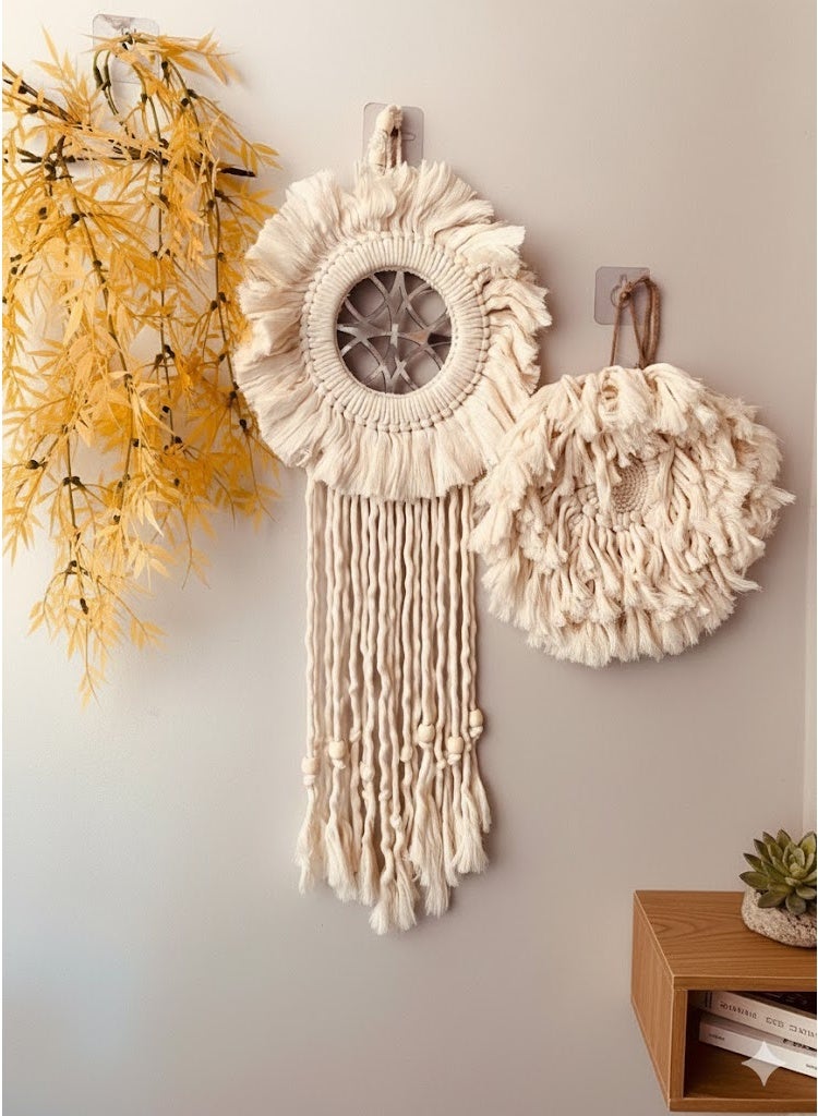 Handmade macramé wall hanging, round design, 2 pieces, made with natural, colorful cotton yarns and an artistic touch that adds tranquility and beauty to any space. - Image 1
