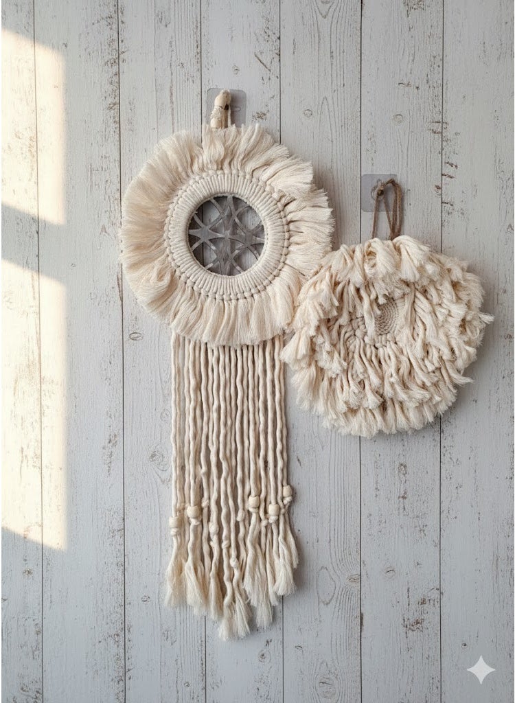 Handmade macramé wall hanging, round design, 2 pieces, made with natural, colorful cotton yarns and an artistic touch that adds tranquility and beauty to any space. - Image 3