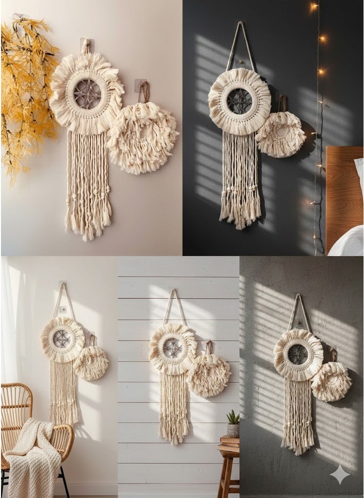 Handmade macramé wall hanging, round design, 2 pieces, made with natural, colorful cotton yarns and an artistic touch that adds tranquility and beauty to any space. - Image 2