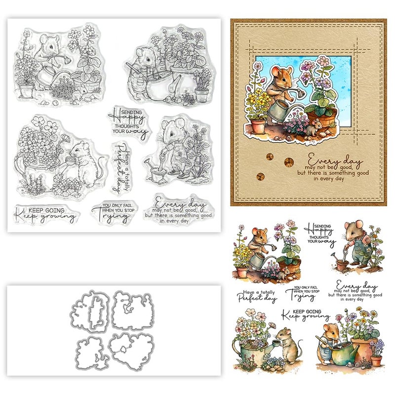 YIXUAN Stamps for Crafting,Cute Mouse Garden Planting Flowers Clear Stamps and Metal Cutting Dies Set with for Card Making DIY Scrapbooking Supplies Silicone Stamp Knife Mold for Albums Crafts Decor - Image 1