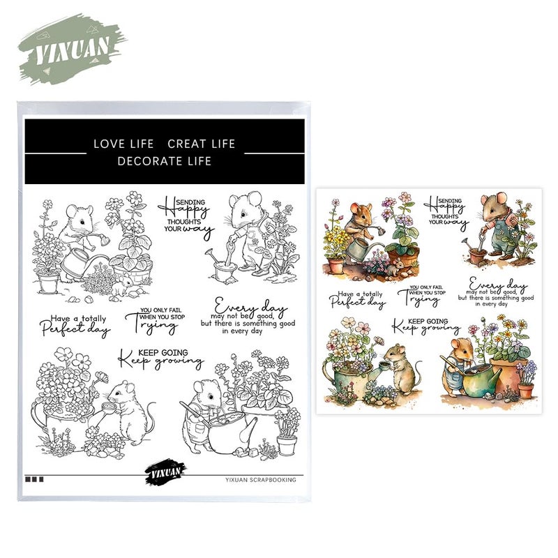 YIXUAN Stamps for Crafting,Cute Mouse Garden Planting Flowers Clear Stamps and Metal Cutting Dies Set with for Card Making DIY Scrapbooking Supplies Silicone Stamp Knife Mold for Albums Crafts Decor - Image 4