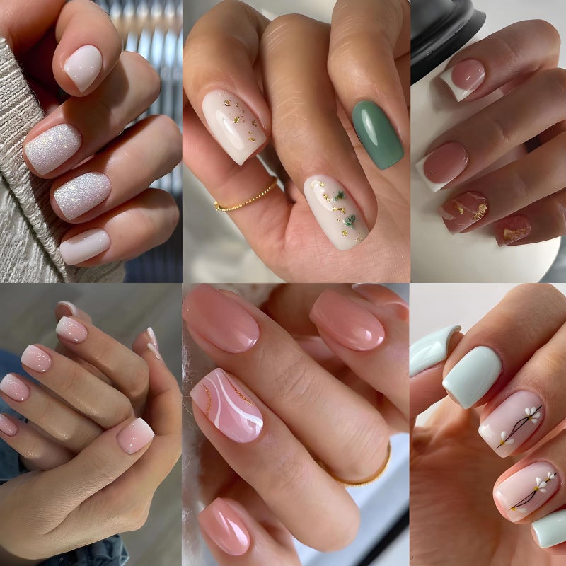 TOGZOM 6 Packs (144 Pcs) Medium Press on Nails Square Fake Nails Gold Foil Glitter False Nails Design Short Glossy Nude Glue on Nail Set Stick on Nail for Women and Girls - Image 1