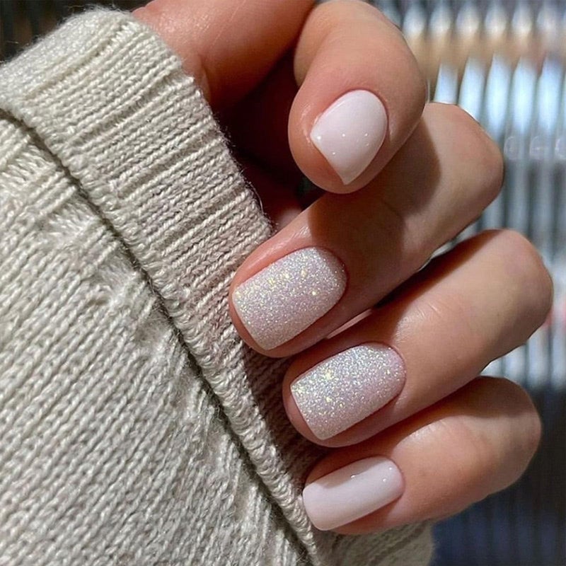 TOGZOM 6 Packs (144 Pcs) Medium Press on Nails Square Fake Nails Gold Foil Glitter False Nails Design Short Glossy Nude Glue on Nail Set Stick on Nail for Women and Girls - Image 5