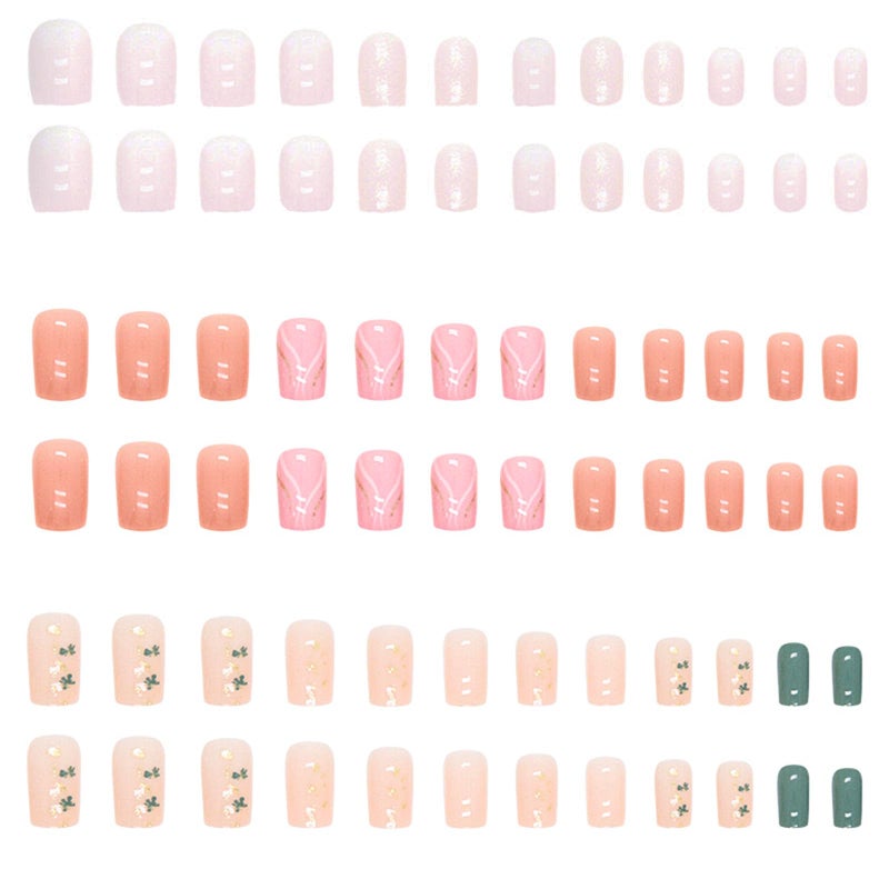TOGZOM 6 Packs (144 Pcs) Medium Press on Nails Square Fake Nails Gold Foil Glitter False Nails Design Short Glossy Nude Glue on Nail Set Stick on Nail for Women and Girls - Image 2