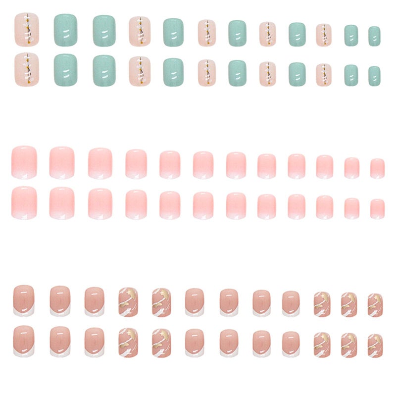 TOGZOM 6 Packs (144 Pcs) Medium Press on Nails Square Fake Nails Gold Foil Glitter False Nails Design Short Glossy Nude Glue on Nail Set Stick on Nail for Women and Girls - Image 3