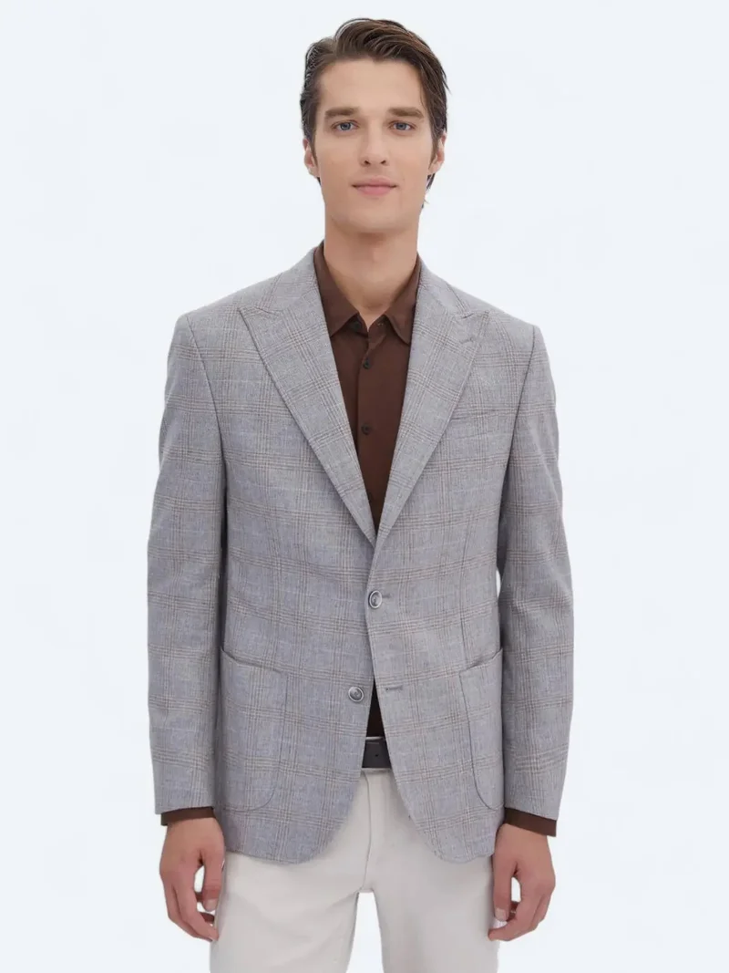 Kip Grey Checkered Slim Fit Wool Blended Jacket