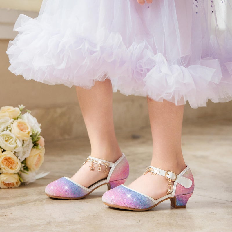 Furdeour Girls Sandals Princess Starry Purple Little Kid Flower Girls Wedding High Heels Size 13(2902StaPurple 13) - Image 2