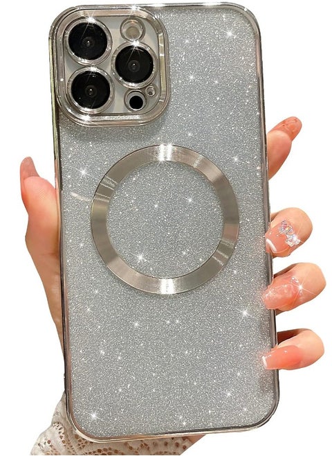 iPhone 15 Pro Max Case with Camera Lens Protector, Glitter Protective Case Compatible with Wireless Charging, Bling Plating Shockproof Protective Cover iPhone 15 Pro Max Case for Women Men - Sliver