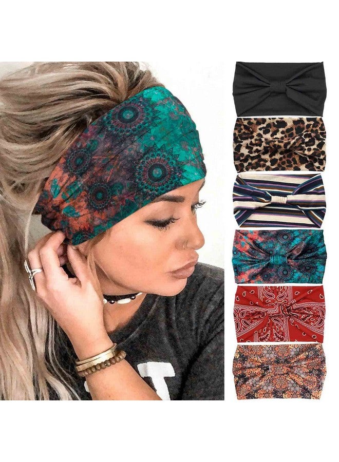 Olbye Boho Headbands Women Wide Knotted Hairbands Elastic Turban Head Bands Nonslip Floral Headband Yoga Sports Sweatbands Workout Head Wraps Bandana Hair Scarfs Bohemian Hair Accessories 6Pcs  - Image 1
