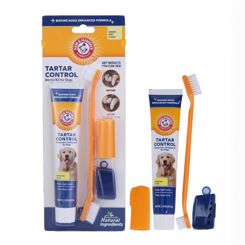 Arm & Hammer for Pets Tartar Control Kit for Dogs Contains Toothpaste, Toothbrush & Fingerbrush Reduces Plaque & Tartar Buildup, 3-Piece Kit, Banana Mint Flavor (Pack of 1) - Image 1