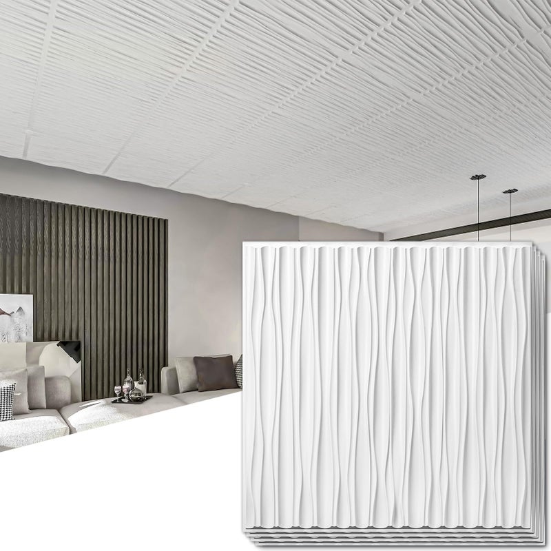Art3dwallpanels Ceiling Tiles 24 x 24 for Interior Wall DÃ©cor, 12 Pack Drop Ceiling Tile 3D Wall Panel Fire Rated Waterproof Premium PVC, No Sag and Breakage Wall Panels Cover 48.Sq.Ft. White - Image 1