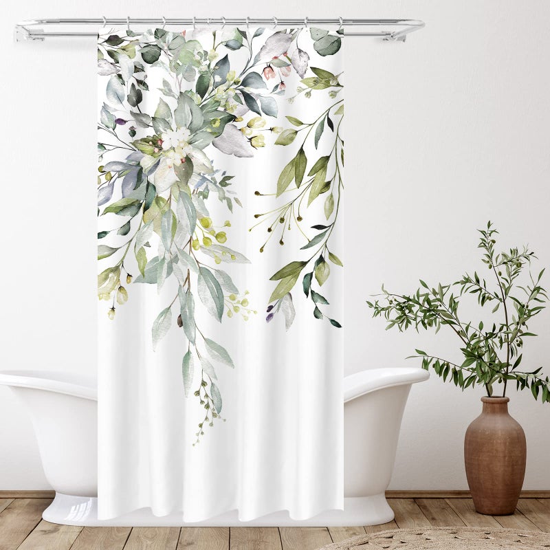 Tititex Green Eucalyptus Shower Curtain Sets  Watercolor Leaves on The Top Plant with Floral Bathroom Decoration 36x72 Inch with Hooks