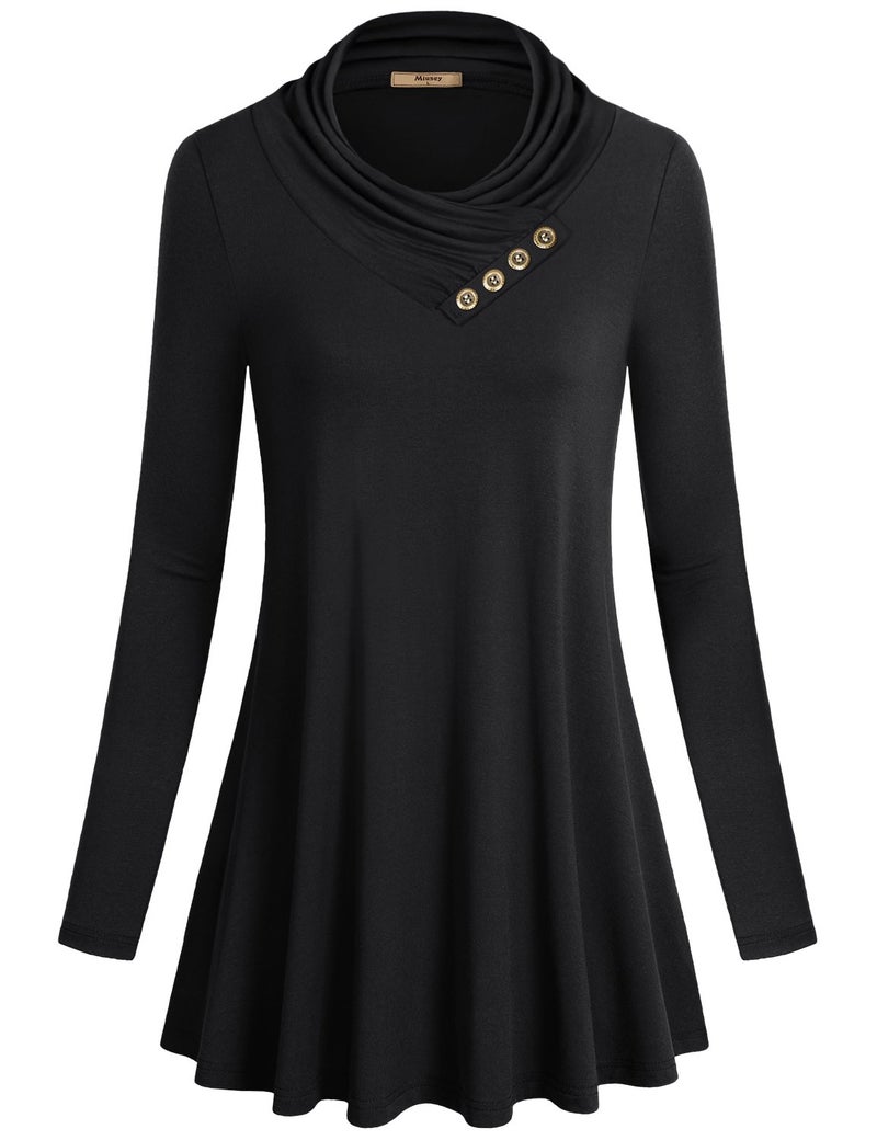 Miusey Juniors Top, Womens Long Sleeve Cowl Neck Shirt To Wear with Leggings Loose Fit Casual Flowy Top Black XX-Large - Image 1