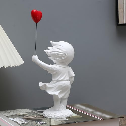 Newmyth Girl with Red Heart Balloon Statue, Resin Sculpture for Home Decor, Collectible Figurines for Living Room Decoration (White) - Image 2