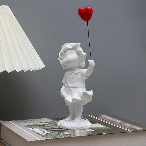 Newmyth Girl with Red Heart Balloon Statue, Resin Sculpture for Home Decor, Collectible Figurines for Living Room Decoration (White) - Image 5
