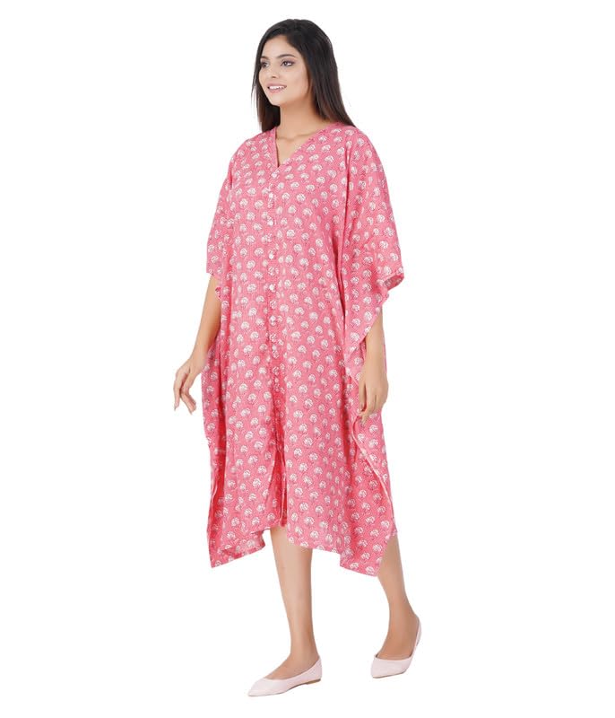 MENMAII Women's Full Open| Front Buttoned Multipurpose Kaftans for Pregnancy/Elderly/Patient/Feeding Purposes|Calf Length[Light Pink Kantha Prints] - Image 2
