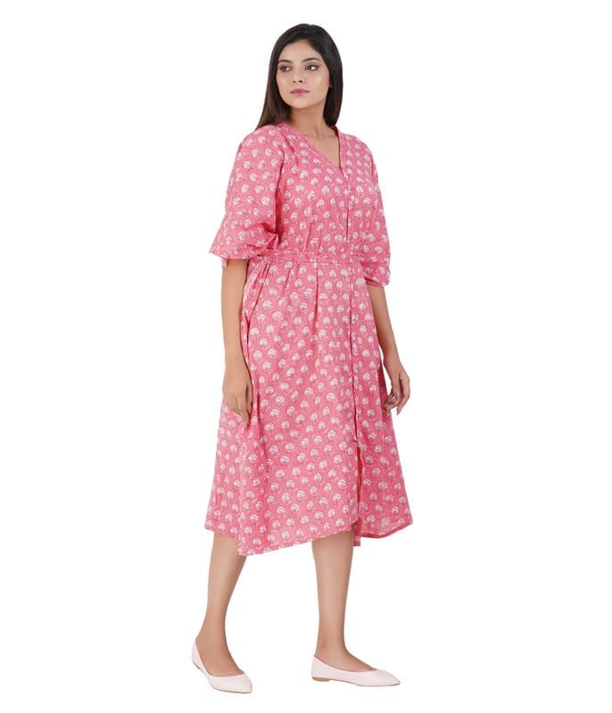 MENMAII Women's Full Open| Front Buttoned Multipurpose Kaftans for Pregnancy/Elderly/Patient/Feeding Purposes|Calf Length[Light Pink Kantha Prints] - Image 4