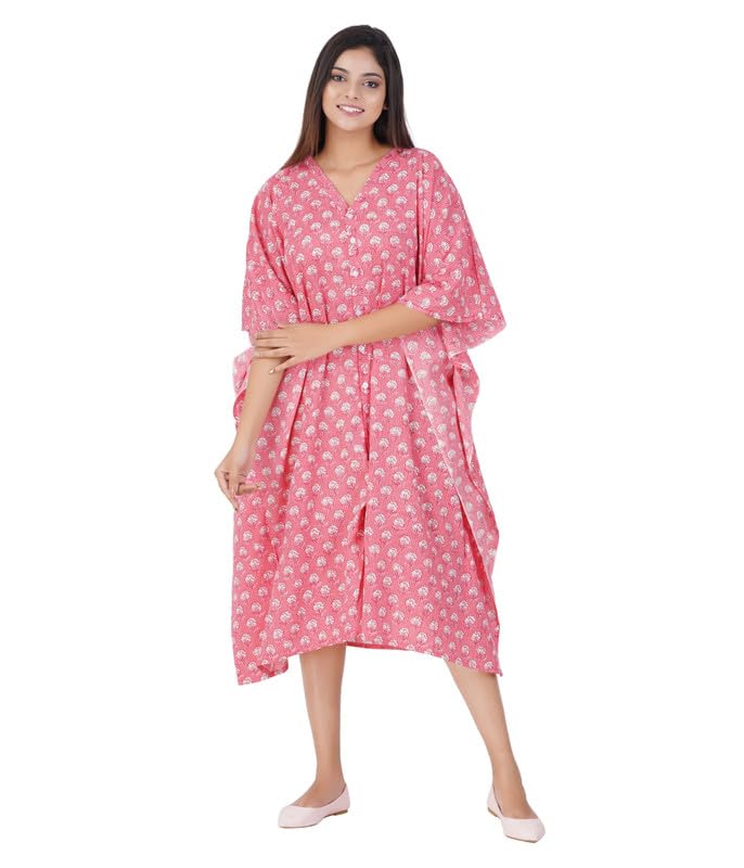 MENMAII Women's Full Open| Front Buttoned Multipurpose Kaftans for Pregnancy/Elderly/Patient/Feeding Purposes|Calf Length[Light Pink Kantha Prints] - Image 1