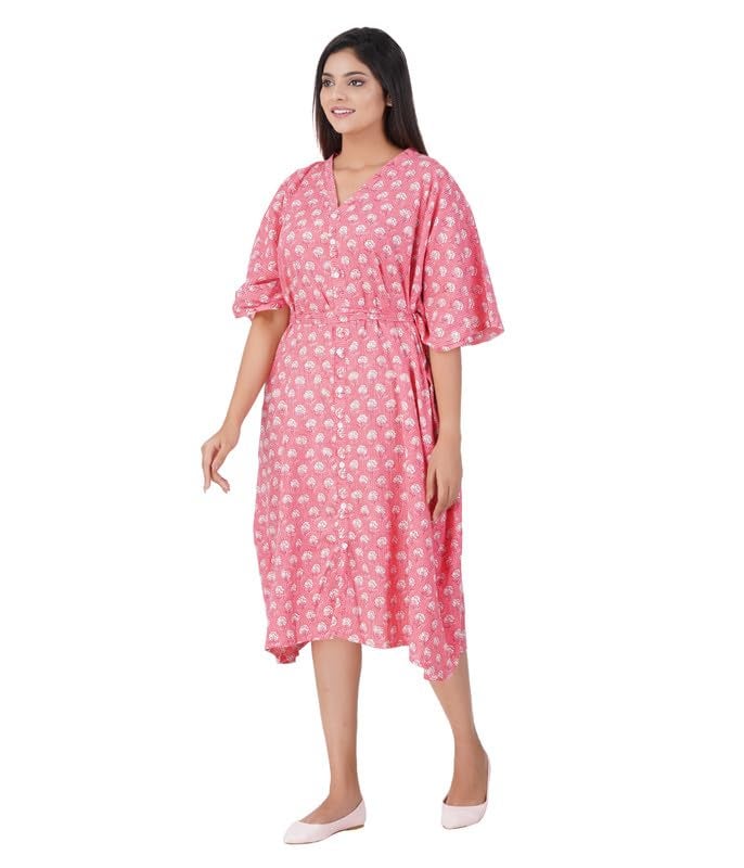 MENMAII Women's Full Open| Front Buttoned Multipurpose Kaftans for Pregnancy/Elderly/Patient/Feeding Purposes|Calf Length[Light Pink Kantha Prints] - Image 5