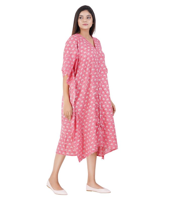 MENMAII Women's Full Open| Front Buttoned Multipurpose Kaftans for Pregnancy/Elderly/Patient/Feeding Purposes|Calf Length[Light Pink Kantha Prints] - Image 3