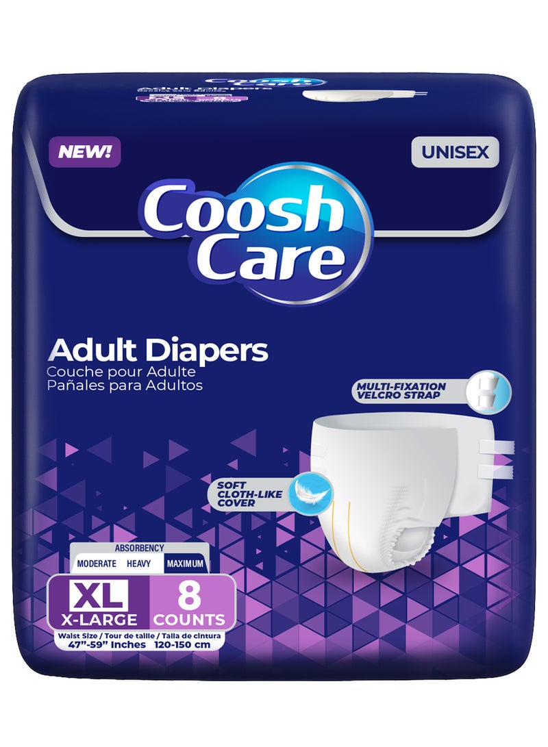 CooshCare حفاضات للبالغين للرجال والنساء، حجم كبير جداً (XL)، 8 قطع – سراويل قابلة للتصرف بامتصاص قوي مع غلاف قماش فائق النعومة، أحزمة فيلكرو متعددة التثبيت، حماية من التسرب والتحكم في الروائح - Image 1