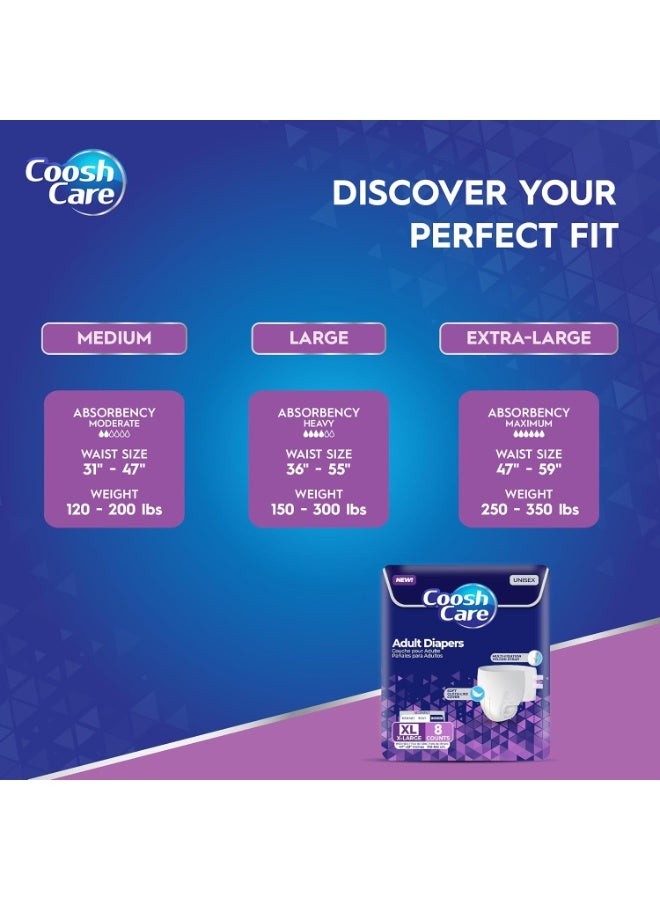 CooshCare حفاضات للبالغين للرجال والنساء، حجم كبير جداً (XL)، 8 قطع – سراويل قابلة للتصرف بامتصاص قوي مع غلاف قماش فائق النعومة، أحزمة فيلكرو متعددة التثبيت، حماية من التسرب والتحكم في الروائح - Image 2