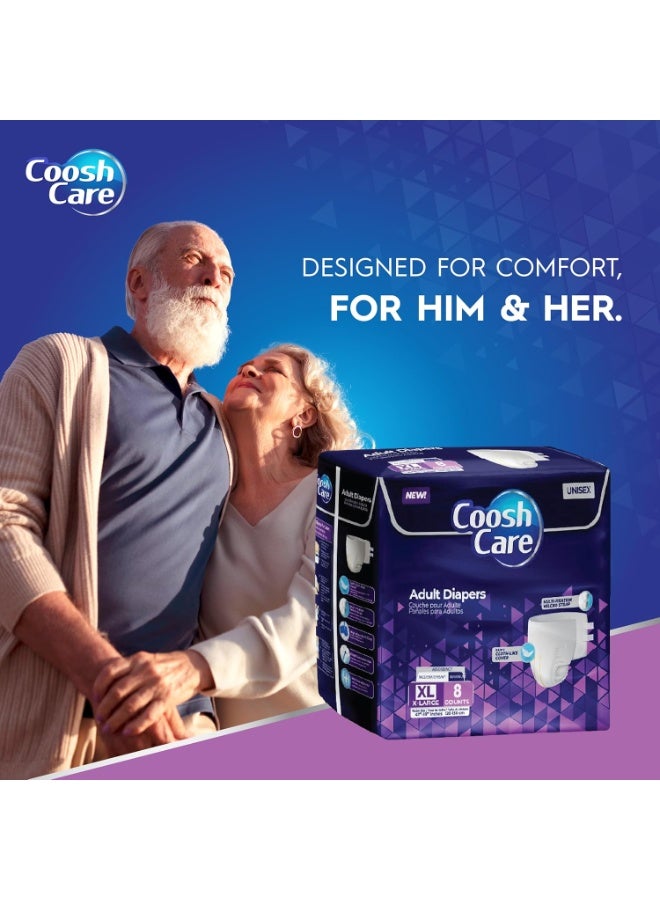 CooshCare حفاضات للبالغين للرجال والنساء، حجم كبير جداً (XL)، 8 قطع – سراويل قابلة للتصرف بامتصاص قوي مع غلاف قماش فائق النعومة، أحزمة فيلكرو متعددة التثبيت، حماية من التسرب والتحكم في الروائح - Image 3