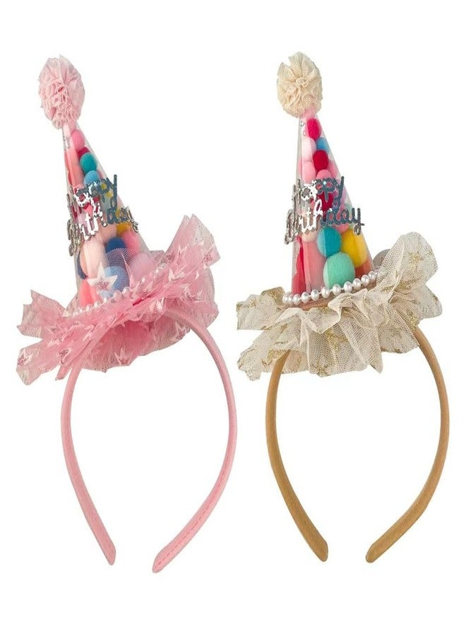 Pokinge 2Pcs Birthday Hat Headband Hair Hoop - Cone Shaped Lace Crown Headwear Party Photo Prop For Girls - Image 1