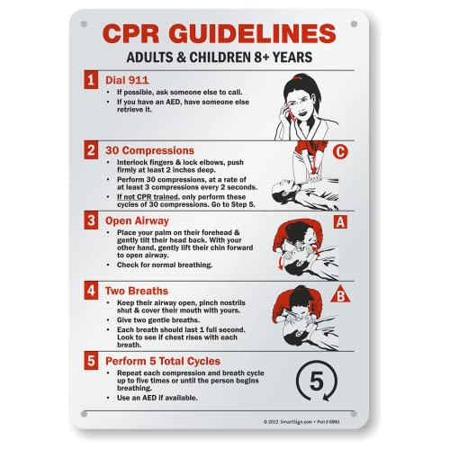 SmartSign - S-9117-AL-14 "CPR Guidelines - Adults & Children 8+ Years" Sign | 10" x 14" Aluminum Black/Red on White - Image 1