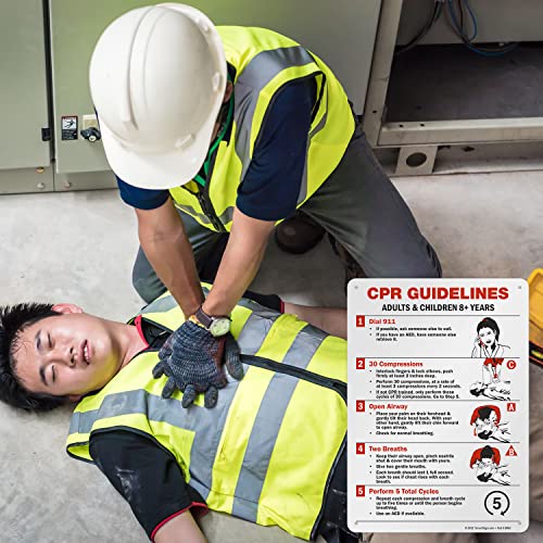 SmartSign - S-9117-AL-14 "CPR Guidelines - Adults & Children 8+ Years" Sign | 10" x 14" Aluminum Black/Red on White - Image 3