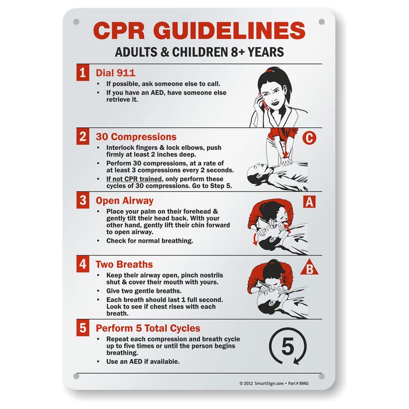 SmartSign - S-9117-AL-14 "CPR Guidelines - Adults & Children 8+ Years" Sign | 10" x 14" Aluminum Black/Red on White - Image 5