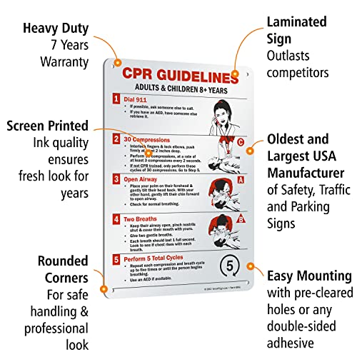 SmartSign - S-9117-AL-14 "CPR Guidelines - Adults & Children 8+ Years" Sign | 10" x 14" Aluminum Black/Red on White - Image 4
