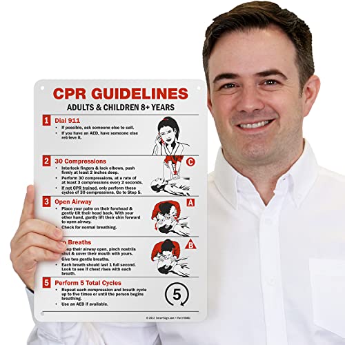 SmartSign - S-9117-AL-14 "CPR Guidelines - Adults & Children 8+ Years" Sign | 10" x 14" Aluminum Black/Red on White - Image 2