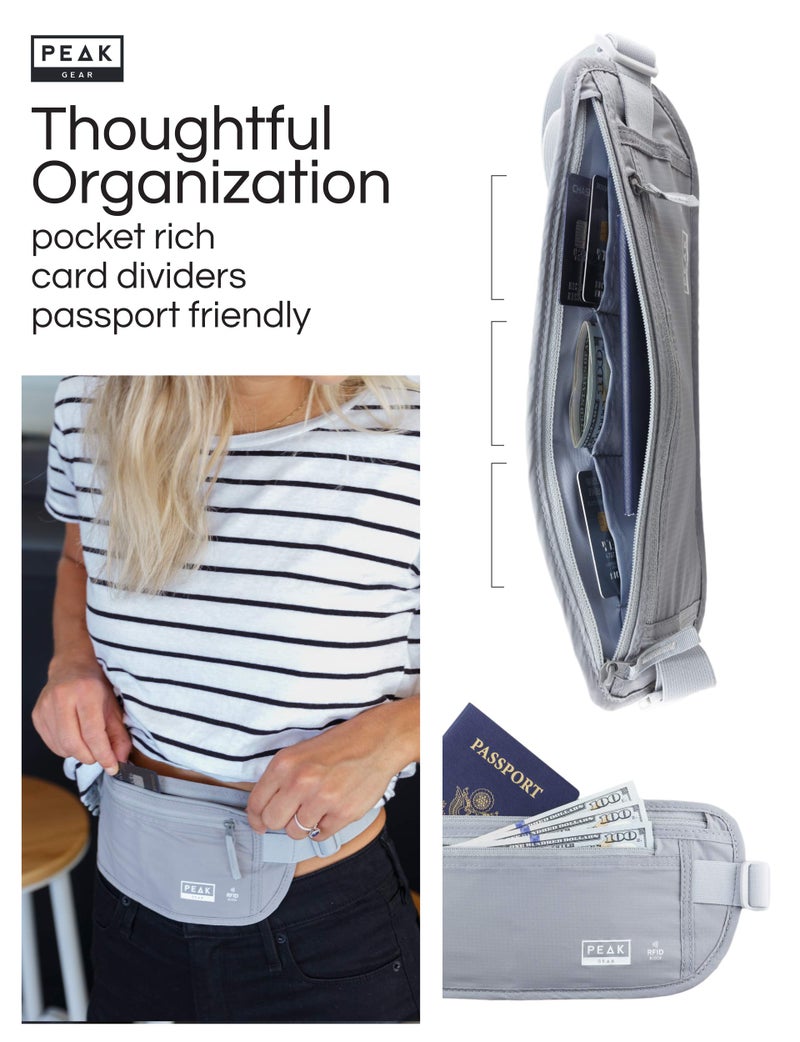 Peak Gear حزام المال للسفر من بيك جير. محفظة سفر عالية الجودة مع قماش مانع لتسرب RFID لحماية بطاقات الائتمان، جوازات السفر والمستندات. حماية حصرية من السرقة و2 علامة استرداد | رمادي - Image 3